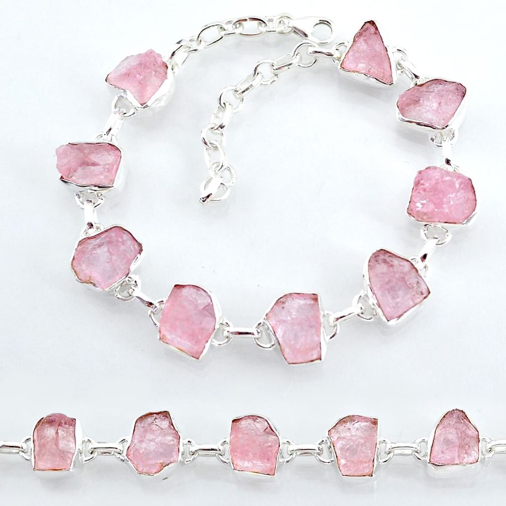 32.53cts natural pink rose quartz raw 925 silver tennis bracelet t7802