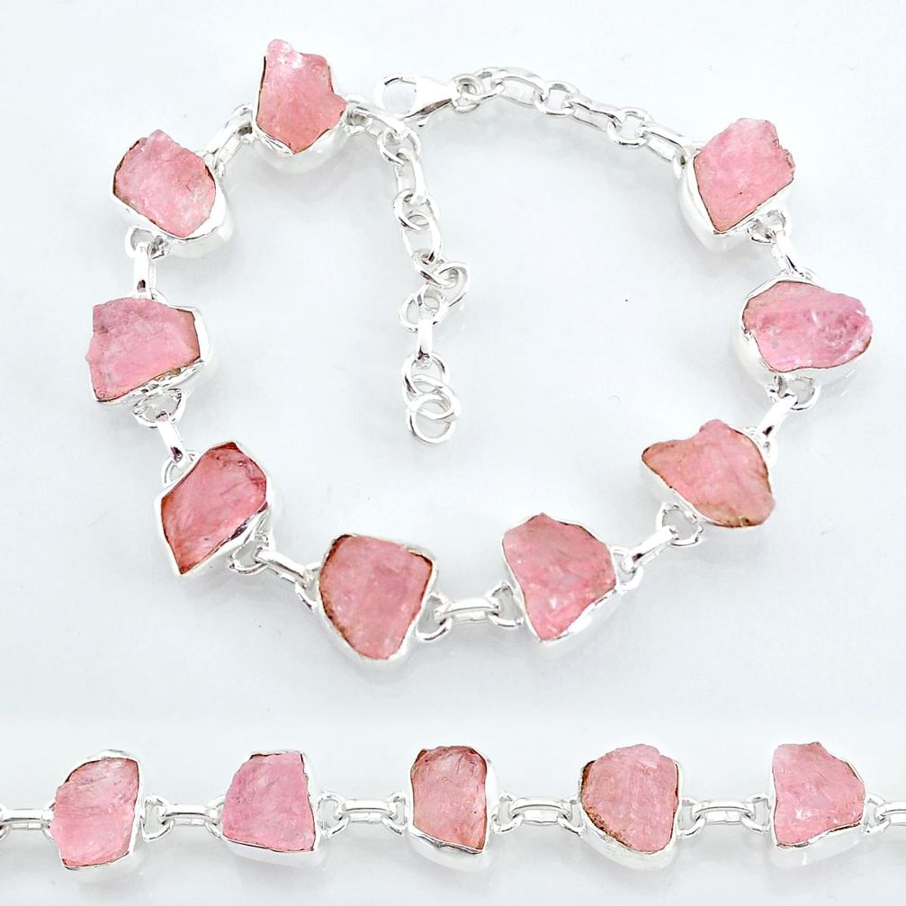 37.43cts natural pink rose quartz raw 925 silver tennis bracelet t7832