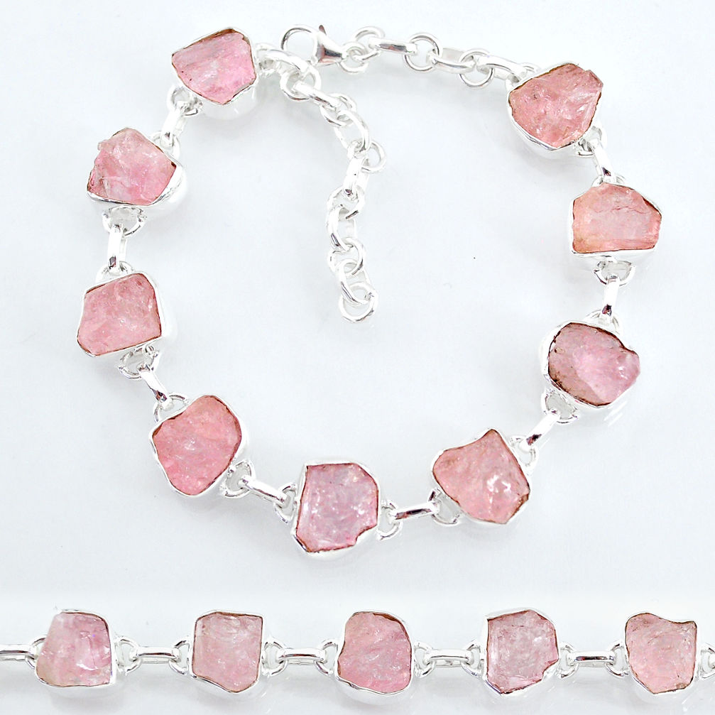 35.38cts natural pink rose quartz raw 925 silver tennis bracelet t7833