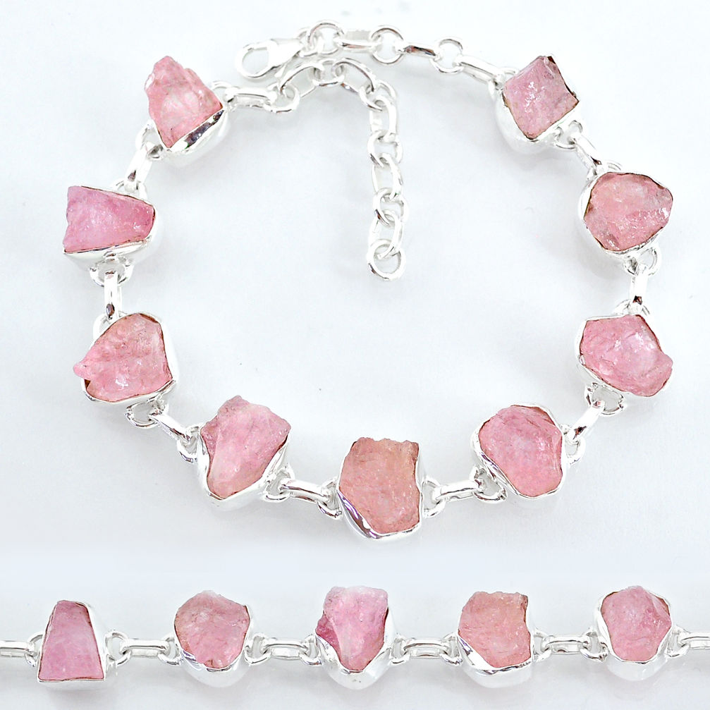 34.58cts natural pink rose quartz raw 925 silver tennis bracelet t7836