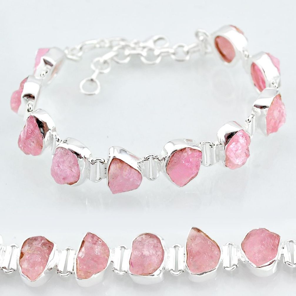 39.01cts natural pink rose quartz raw fancy 925 silver tennis bracelet t7840