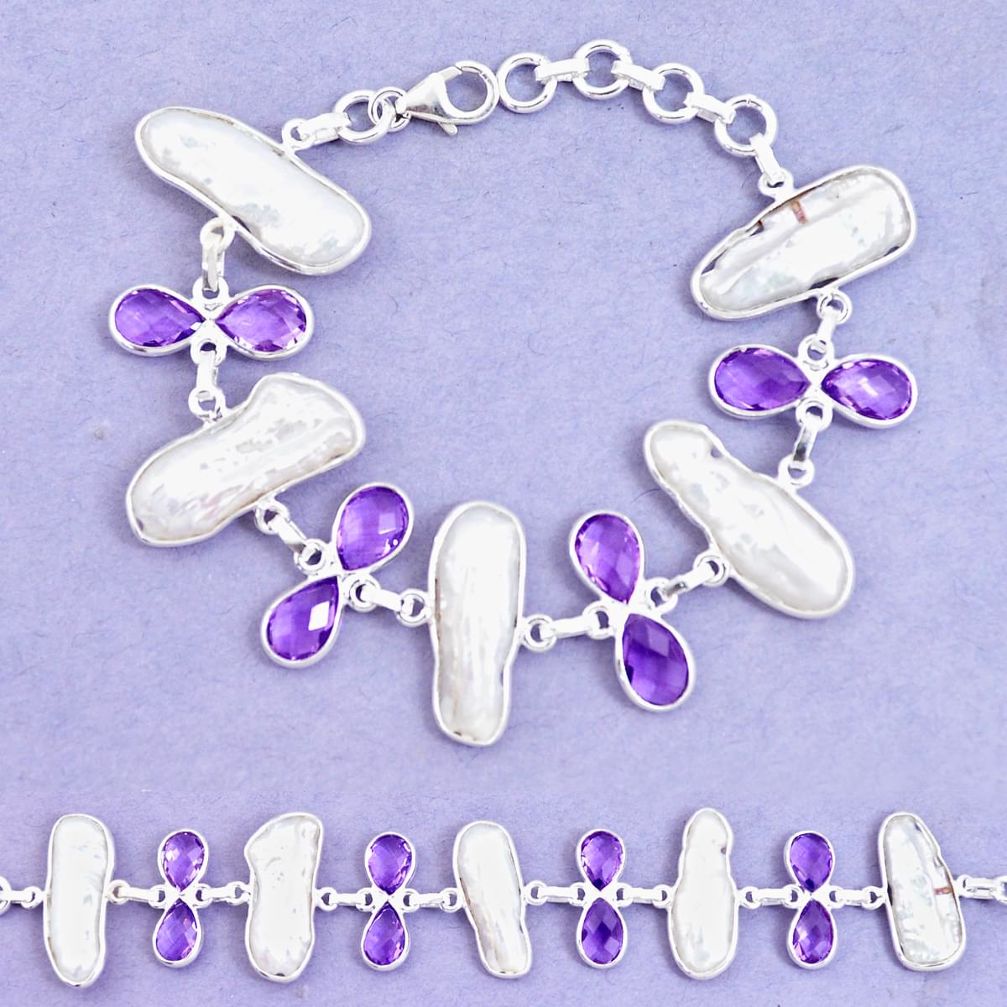 43.93cts natural purple amethyst biwa pearl 925 silver tennis bracelet p11973