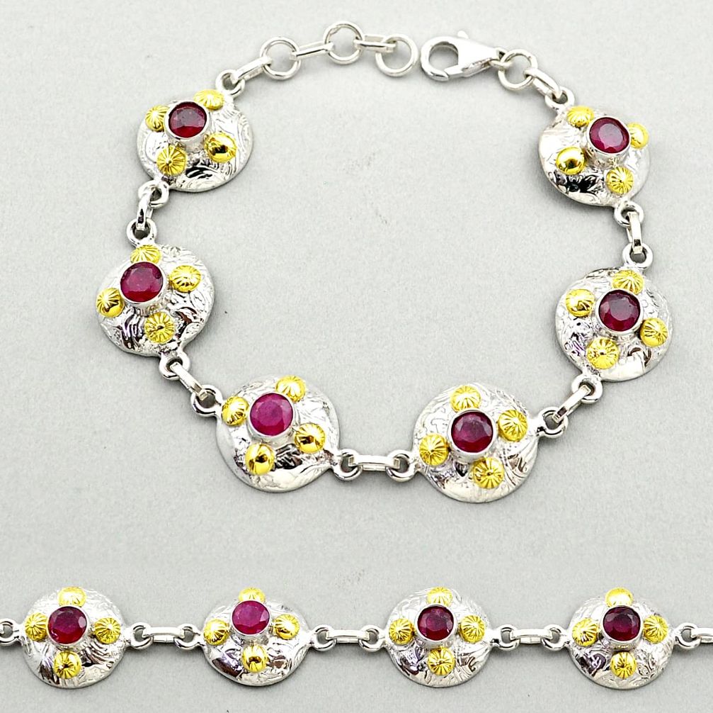 5.27cts natural red ruby 925 sterling silver 14k gold tennis bracelet t72235