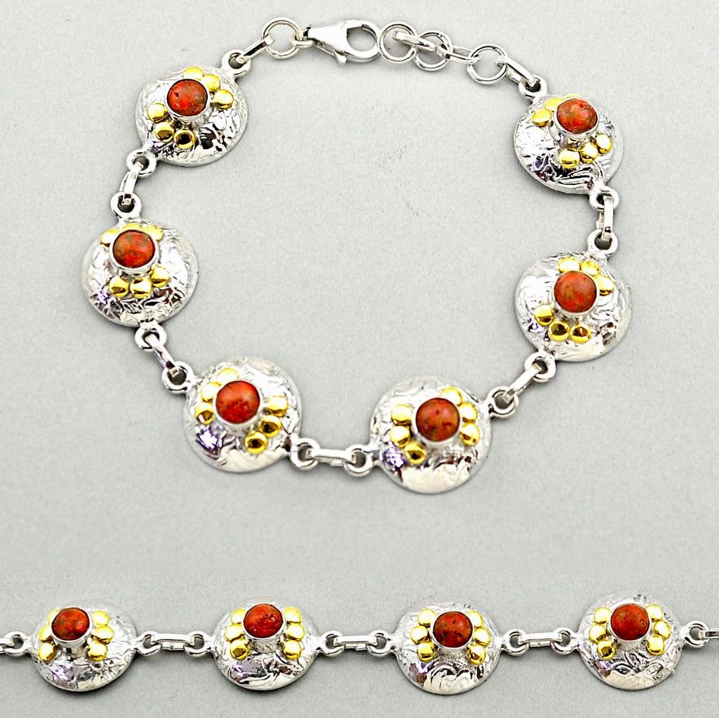 5.49cts natural red sponge coral 925 silver 14k gold tennis bracelet t72203