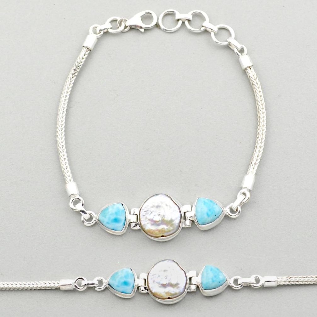 16.92cts sea life natural white pearl larimar 925 sterling silver tennis bracelet u14496