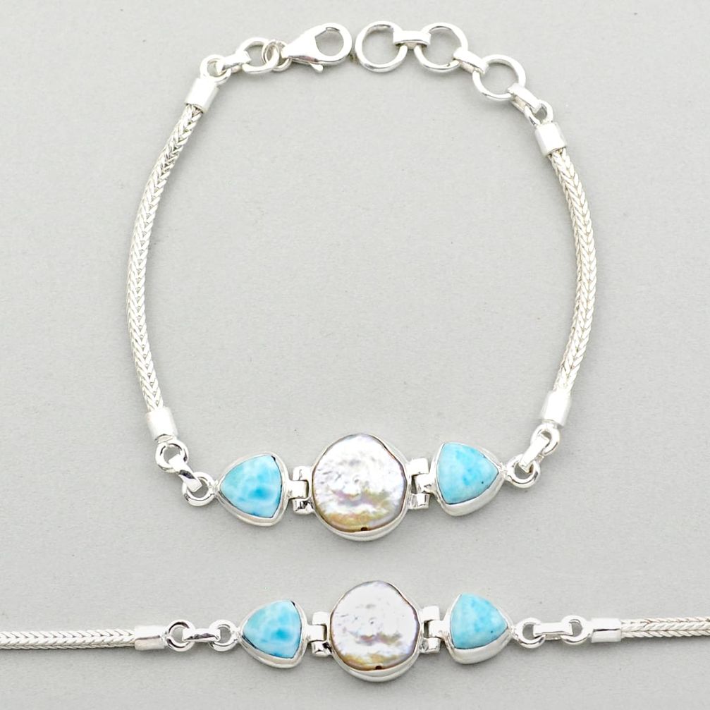 16.92cts sea life natural white pearl larimar 925 sterling silver tennis bracelet u14496