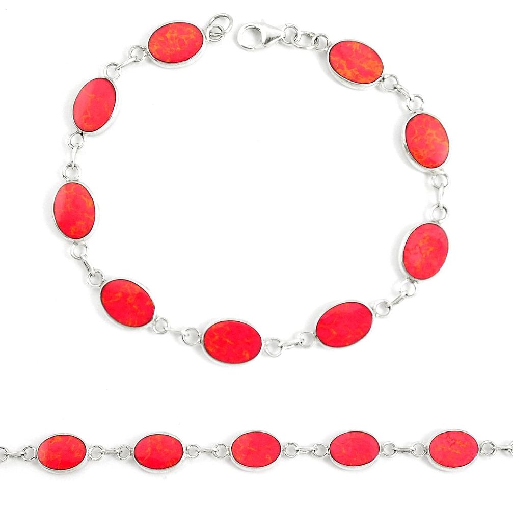 4.02gms red coral enamel 925 sterling silver tennis bracelet a94905 c13863