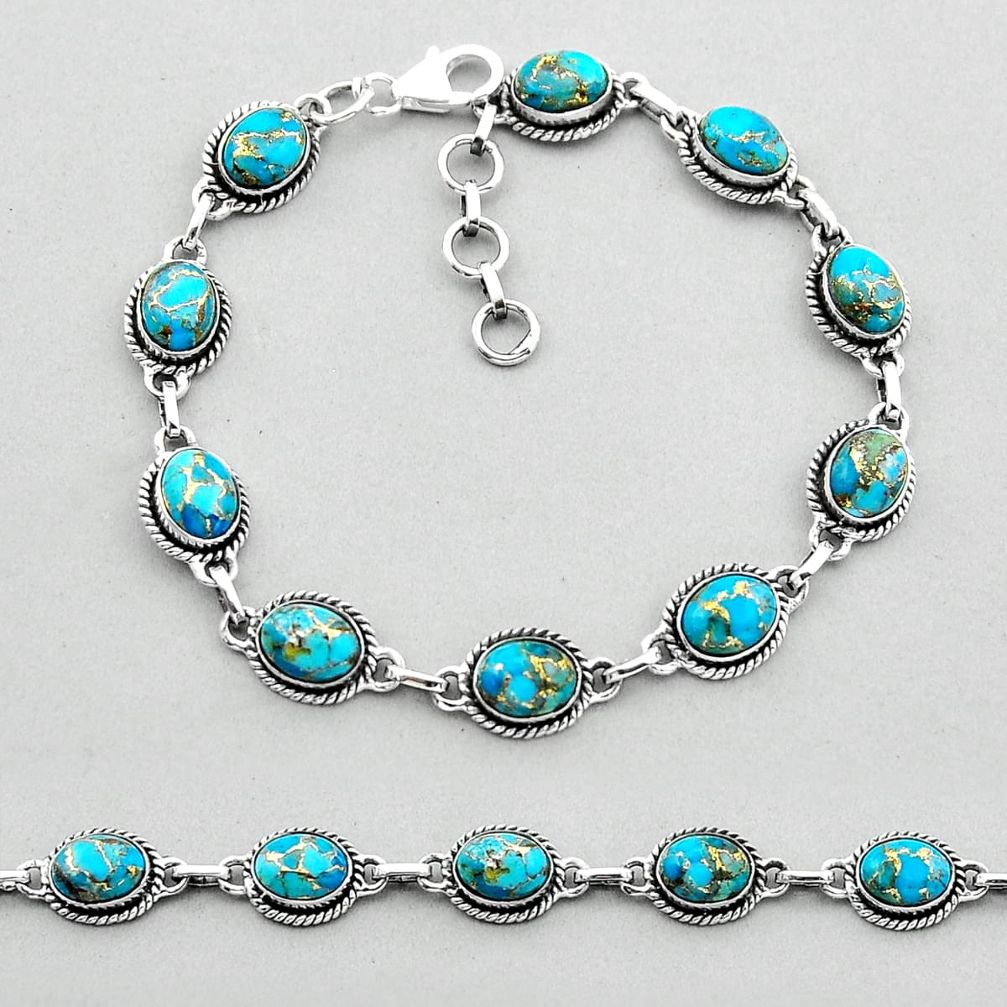 19.25cts tennis blue copper turquoise oval 925 sterling silver bracelet n51871