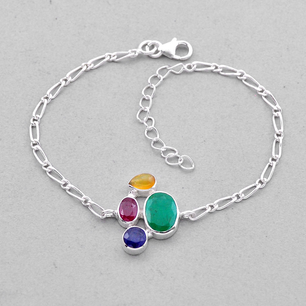5.97cts tennis emerald ethiopian opal ruby sapphire 925 silver bracelet n49522