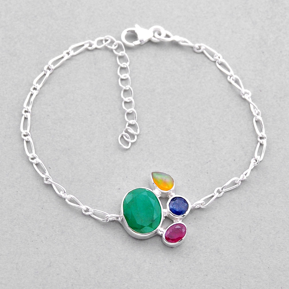 8.37cts tennis emerald ethiopian opal ruby sapphire 925 silver bracelet n53135