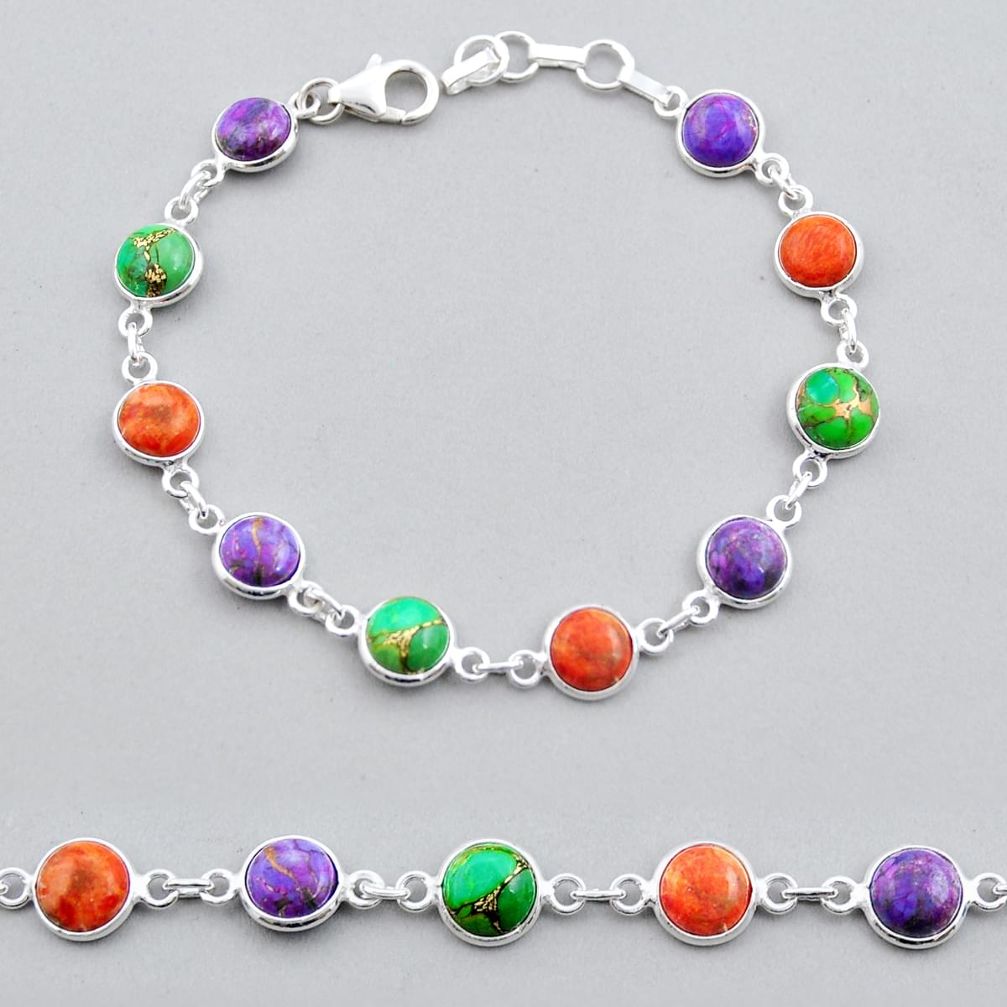 16.88cts tennis green purple red copper turquoise round silver bracelet y25286