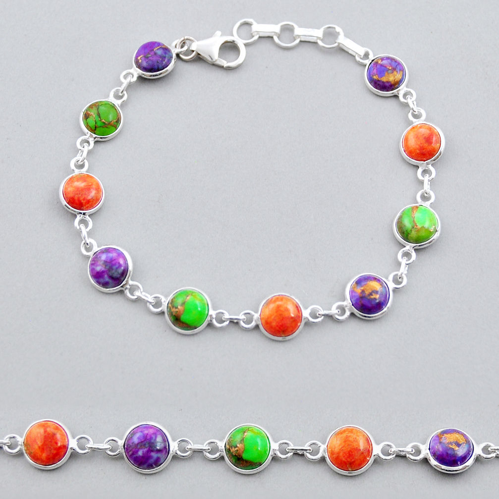 16.74cts tennis green purple red copper turquoise round silver bracelet y25287