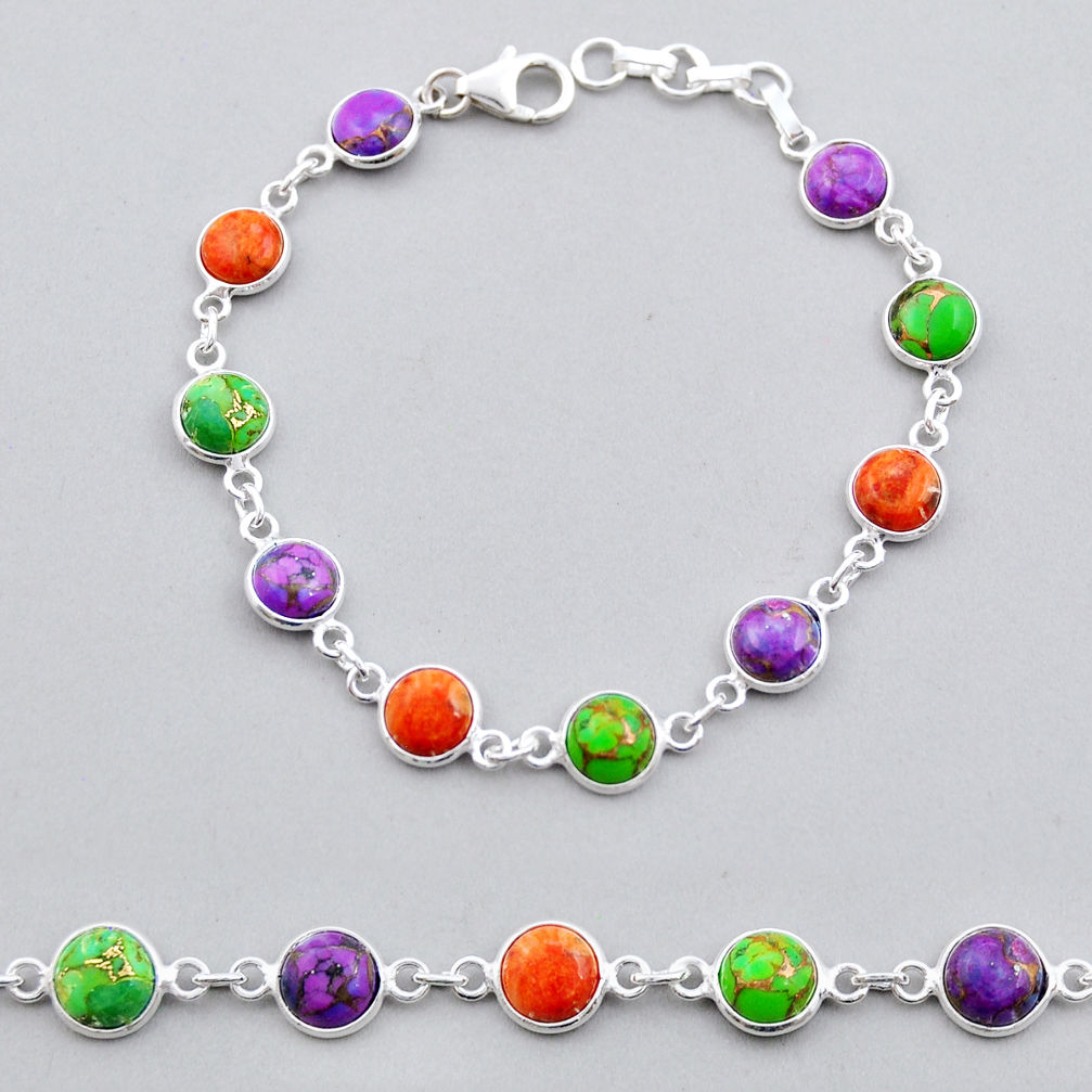 16.88cts tennis green purple red copper turquoise round silver bracelet y25290