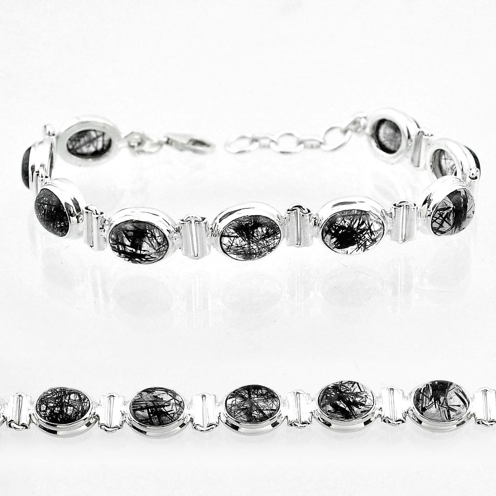 36.99cts tennis natural black tourmaline rutile oval 925 silver bracelet t50040