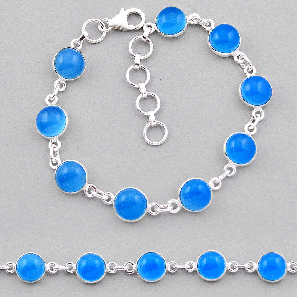 23.04cts tennis natural blue chalcedony round sterling silver bracelet n38964