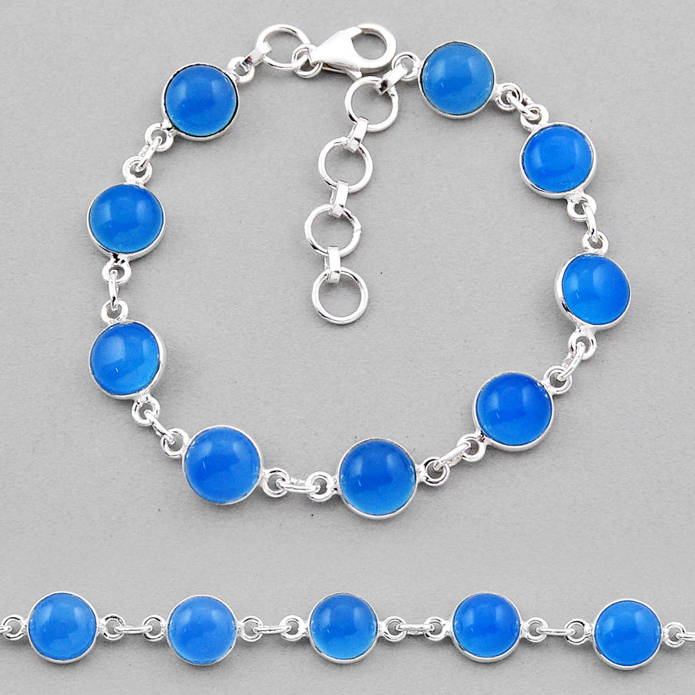 23.77cts tennis natural blue chalcedony round sterling silver bracelet n38985
