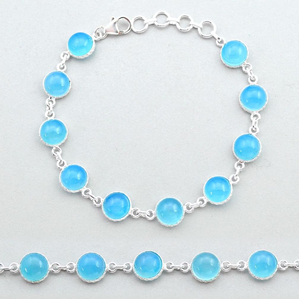 28.14cts tennis natural blue chalcedony round sterling silver bracelet u51707