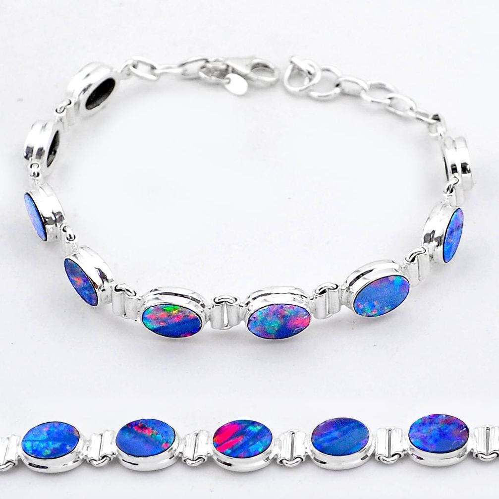 24.24cts tennis natural blue doublet opal australian 925 silver bracelet t37647