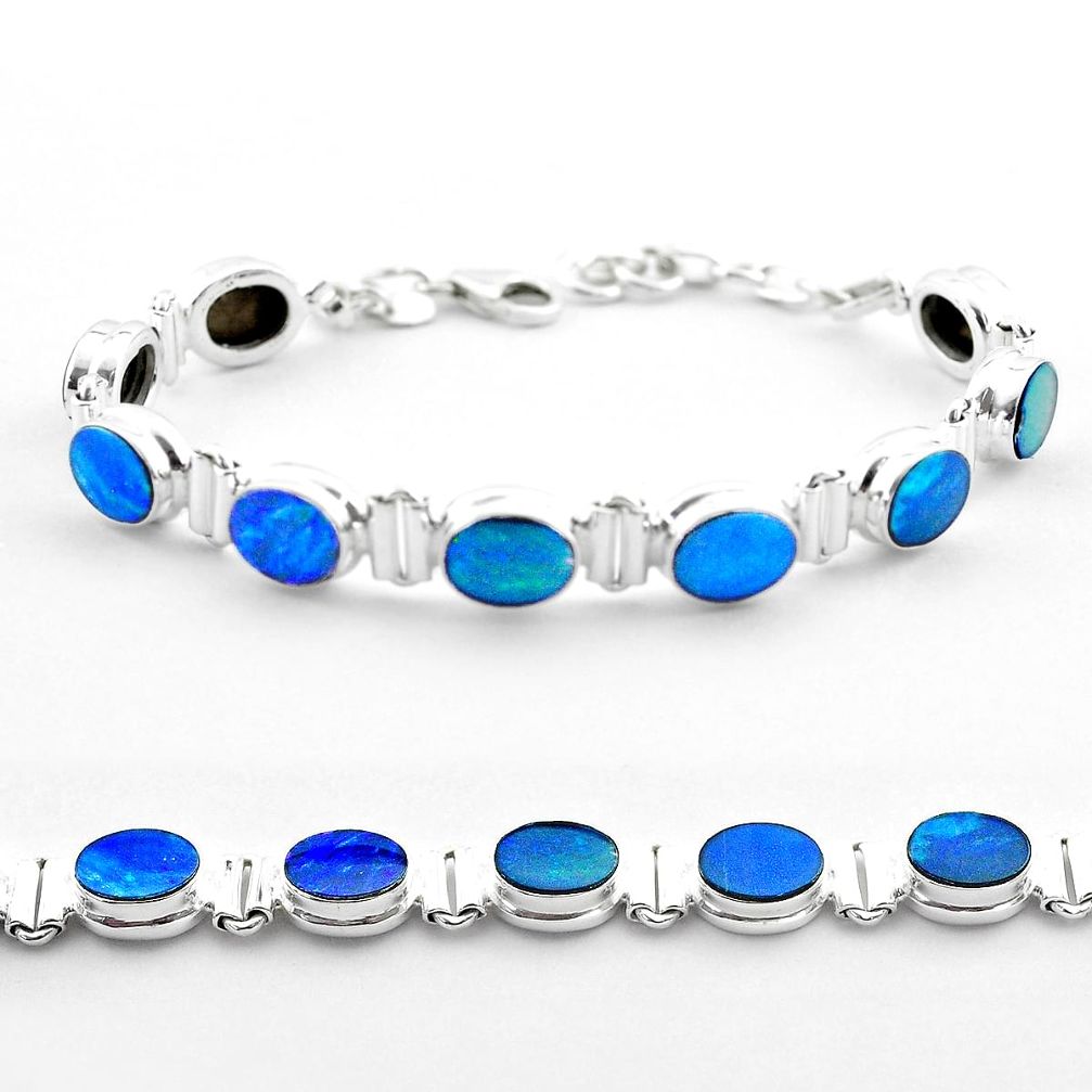 19.07cts tennis natural blue doublet opal australian 925 silver bracelet t45351