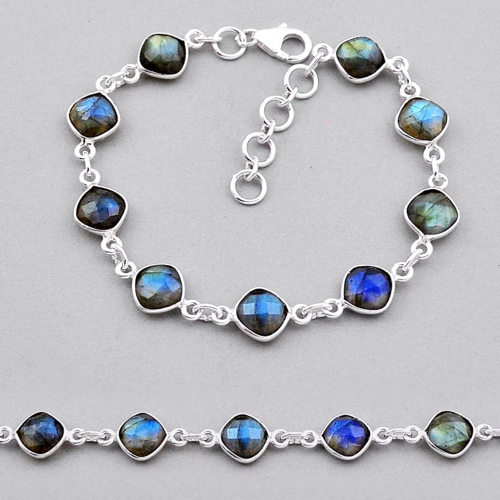 18.90cts tennis natural blue labradorite 925 silver checker cut bracelet n32617