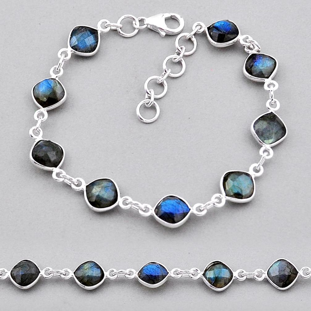 18.95cts tennis natural blue labradorite 925 silver checker cut bracelet n32619