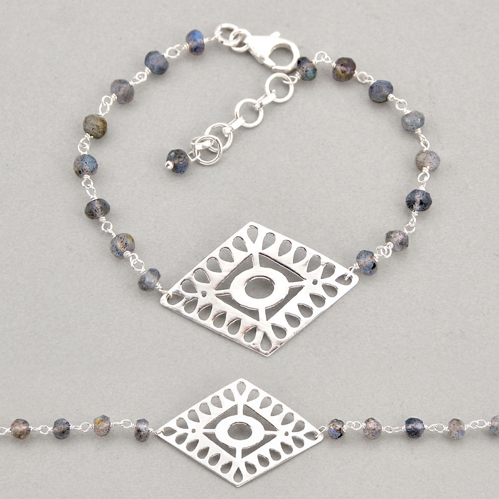 7.39cts tennis natural blue labradorite beads sterling silver bracelet y76156