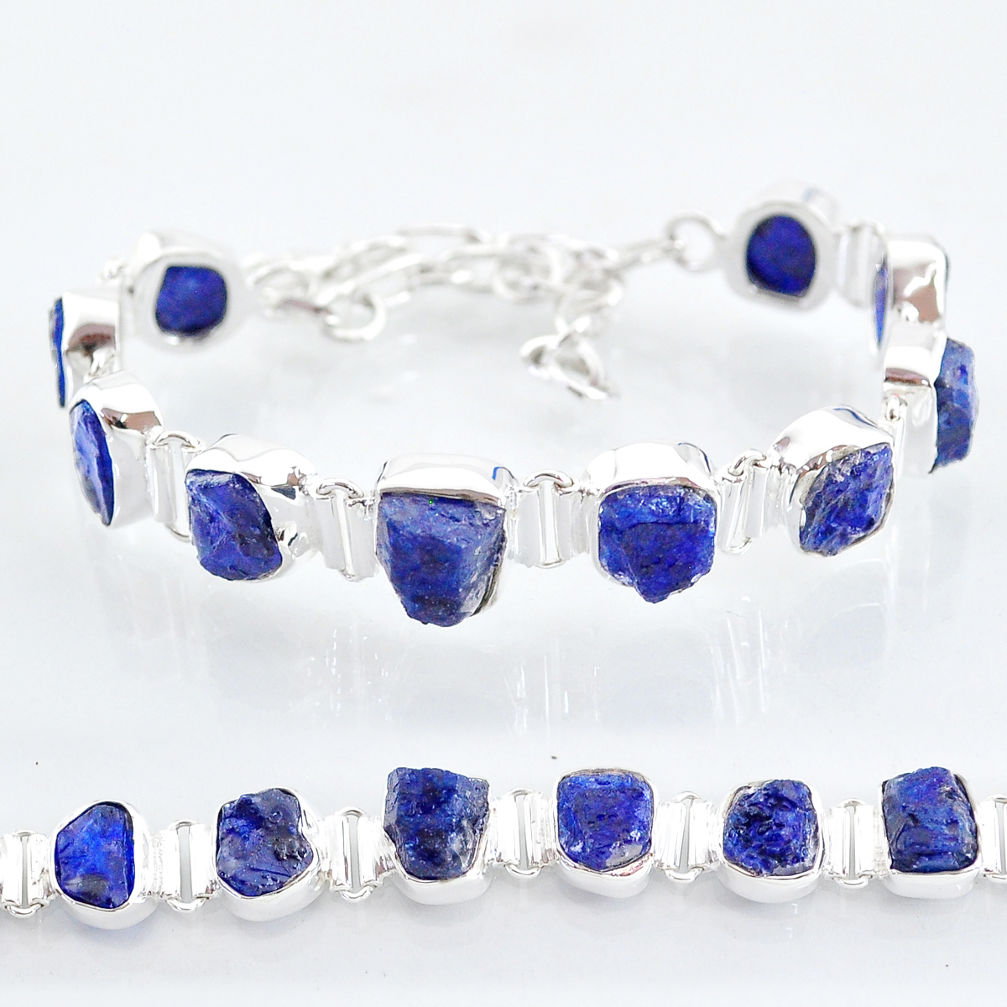 37.90cts tennis natural blue sapphire raw 925 sterling silver bracelet t6669