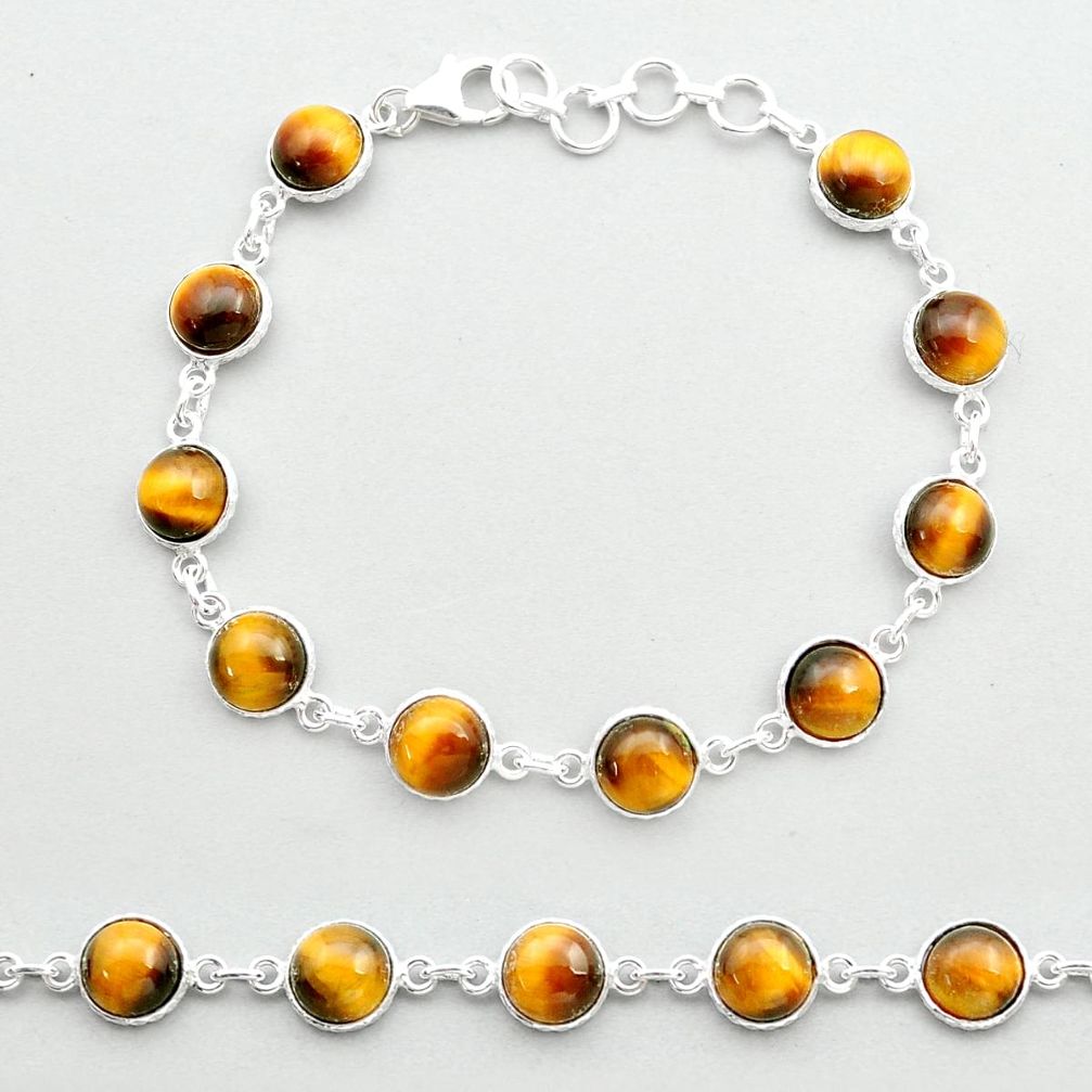 26.57cts tennis natural brown tiger's eye round 925 silver link gemstone bracelet u51690