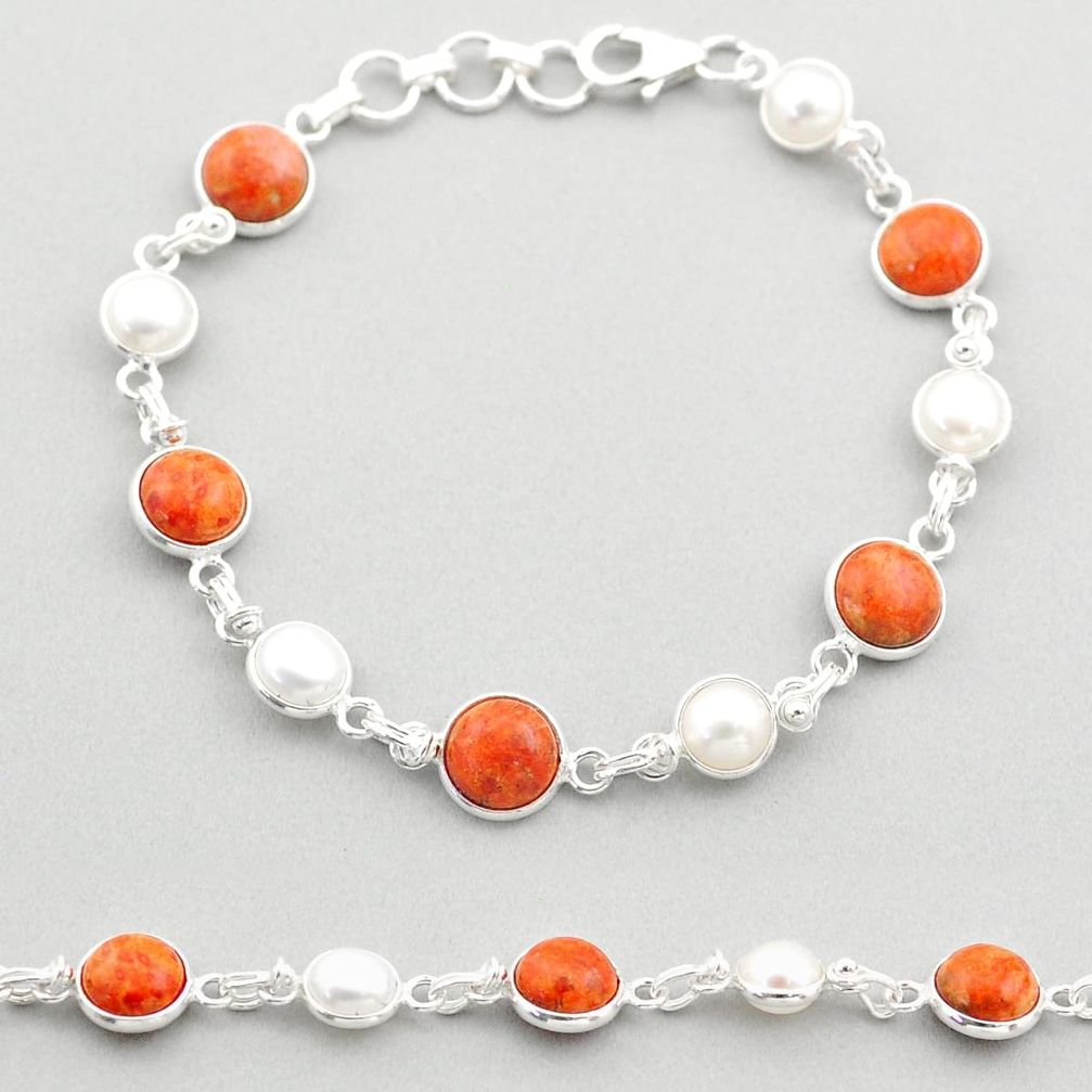 19.99cts tennis natural orange mojave turquoise pearl 925 silver bracelet t71091
