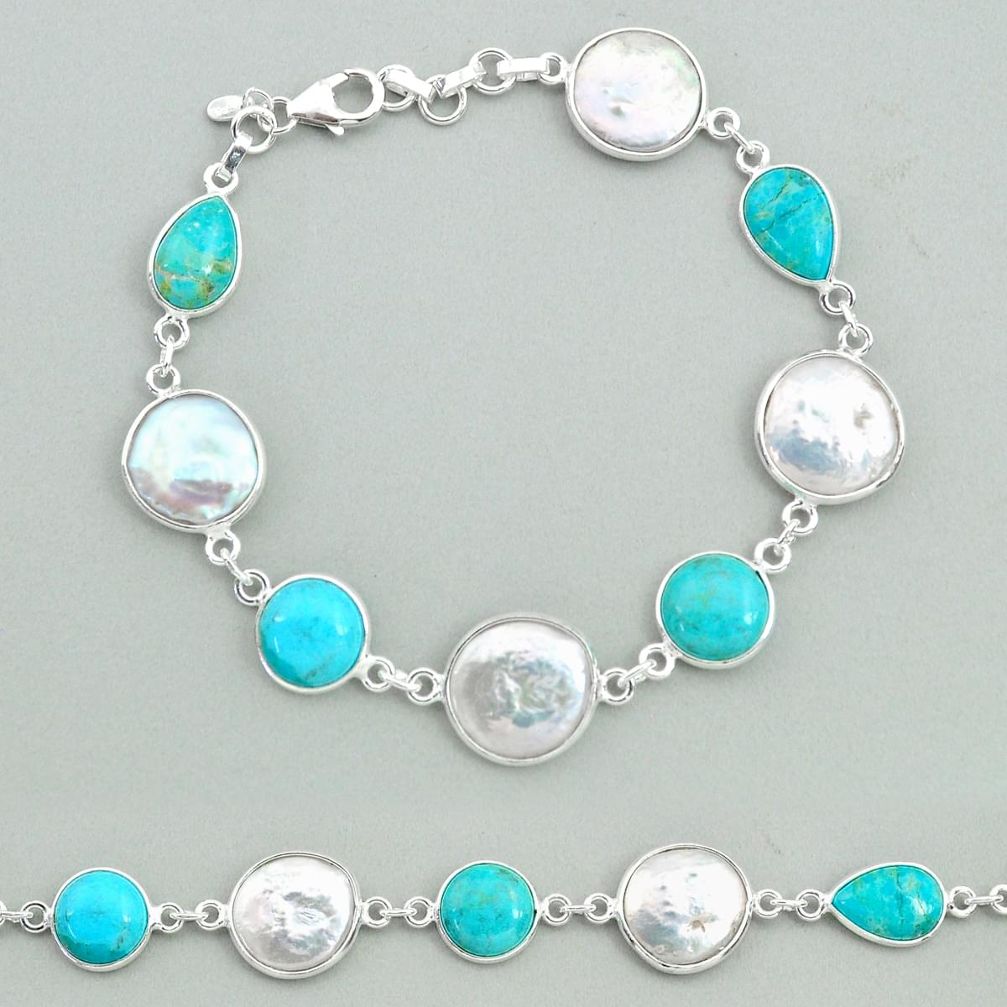 29.34cts tennis natural pearl arizona mohave turquois 925 silver bracelet t37287