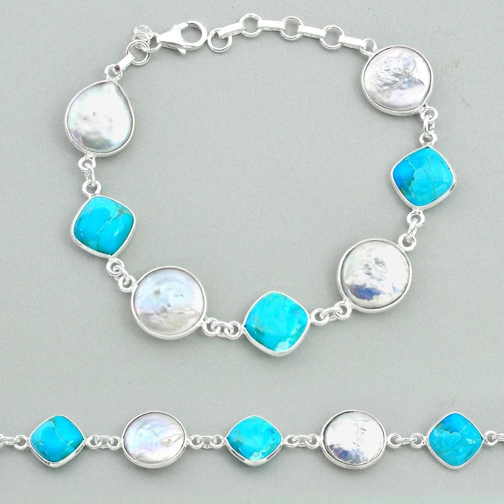 27.64cts tennis natural pearl arizona mohave turquois 925 silver bracelet t37288