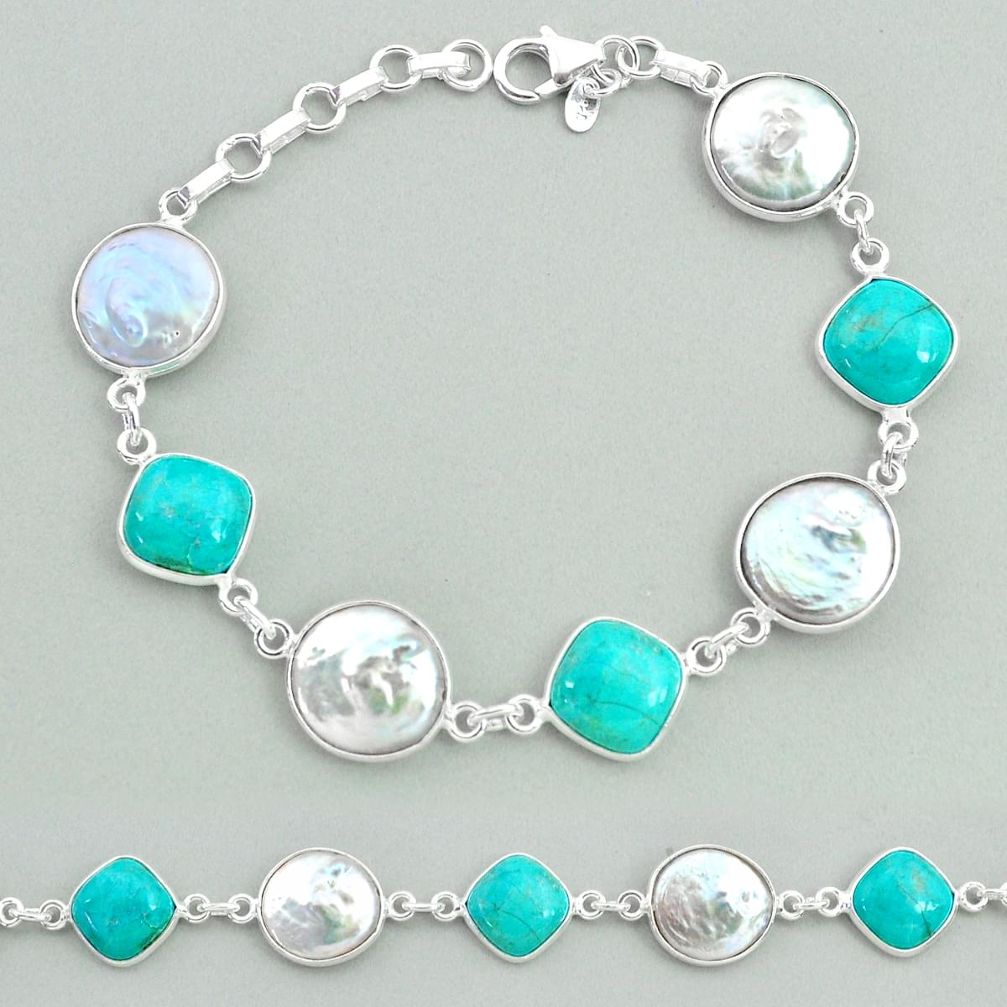 29.32cts tennis natural pearl arizona mohave turquois 925 silver bracelet t37292
