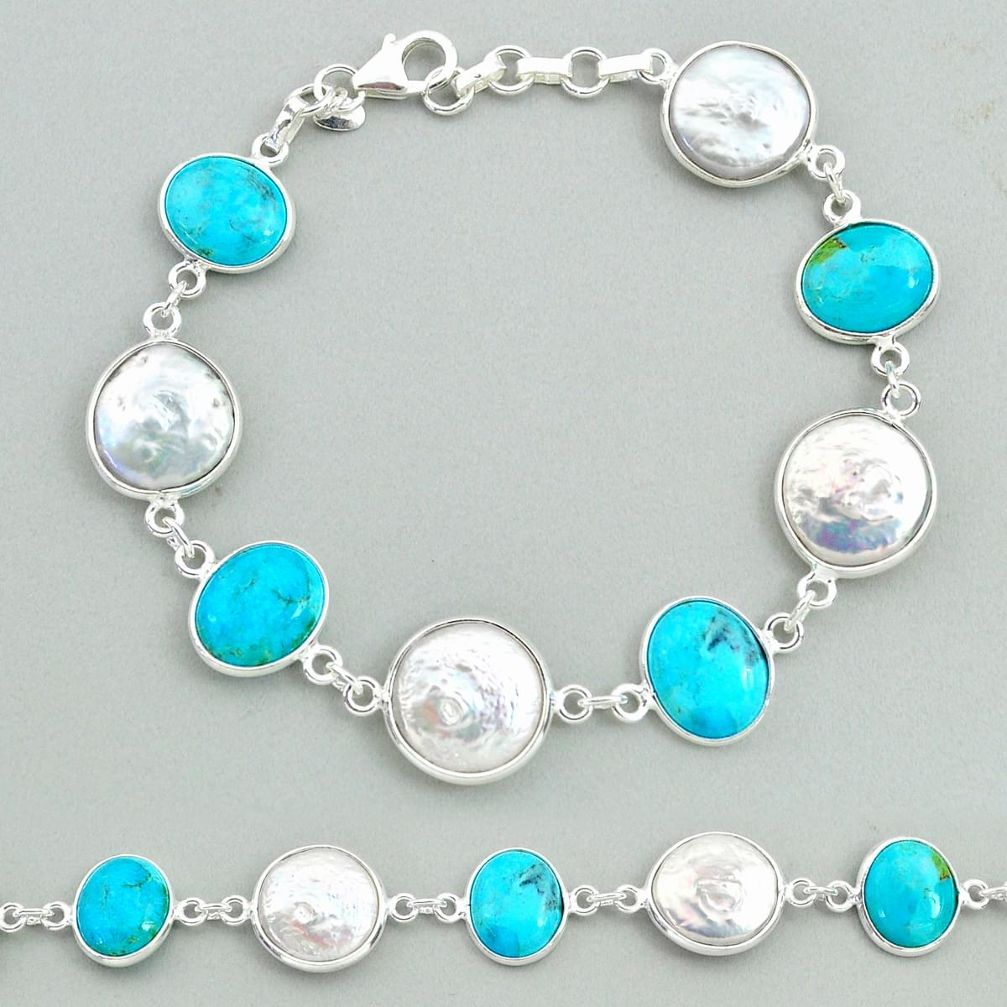 32.54cts tennis natural pearl arizona mohave turquois 925 silver bracelet t37320