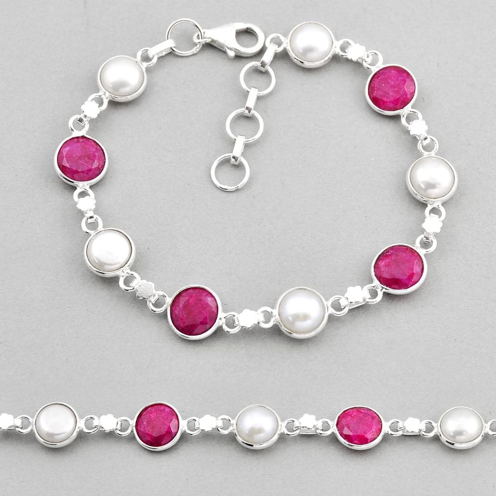 21.50cts tennis natural red ruby white pearl 925 sterling silver bracelet y57857