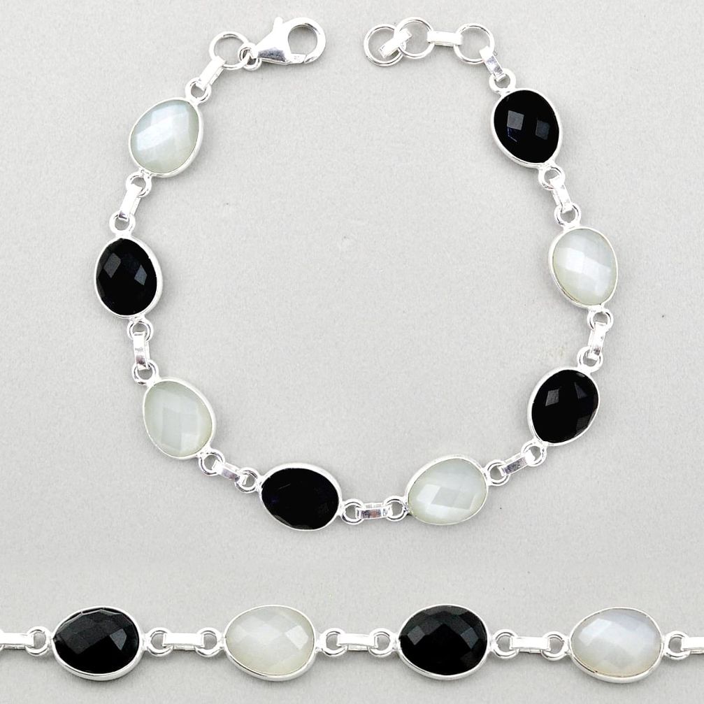 23.13cts tennis natural white ceylon moonstone onyx oval silver link gemstone bracelet t83693