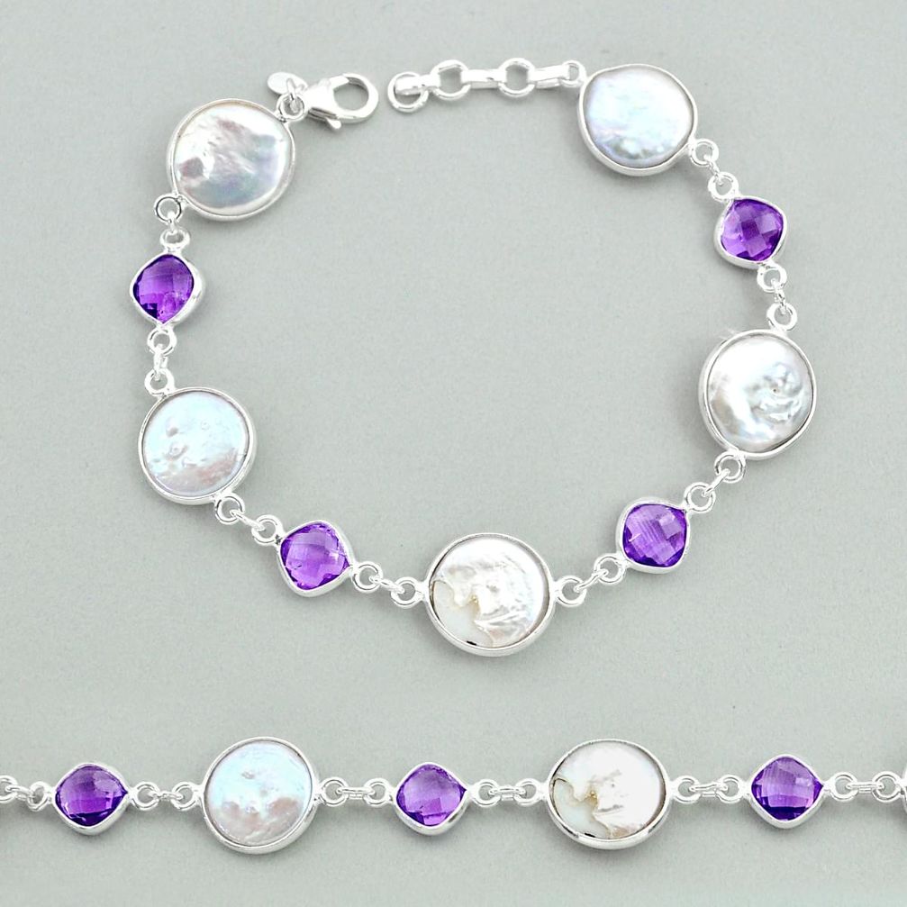 29.34cts tennis natural white pearl amethyst 925 sterling silver bracelet t37261