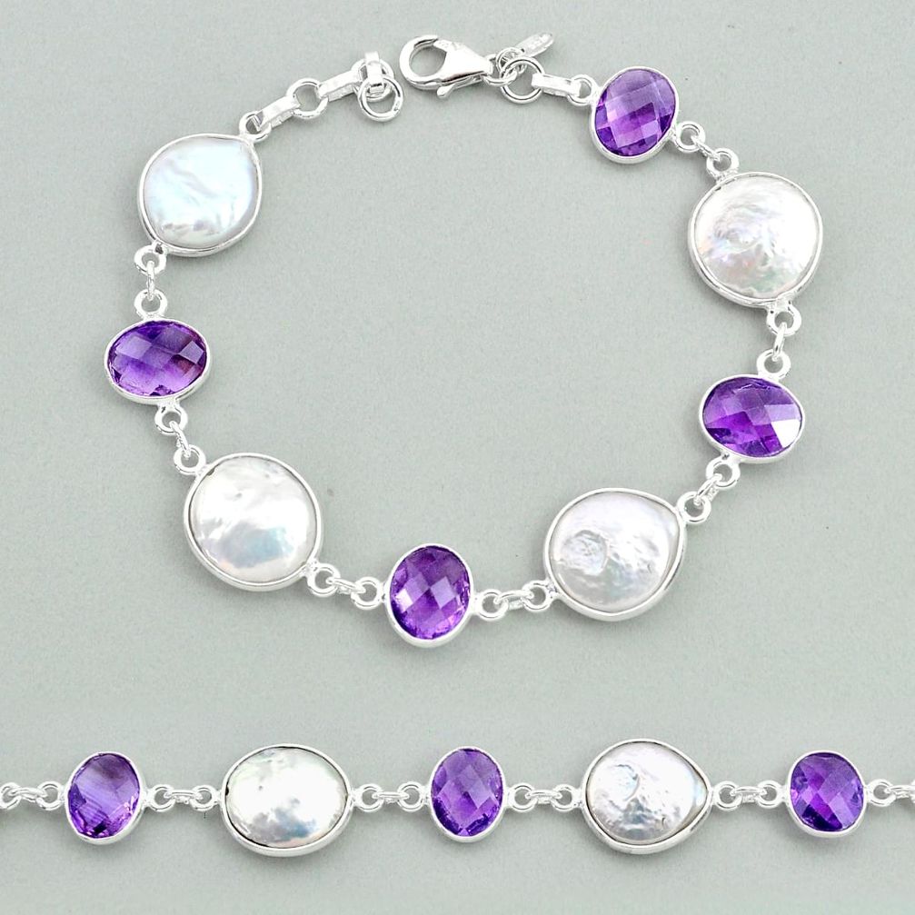 29.34cts tennis natural white pearl amethyst 925 sterling silver bracelet t37266