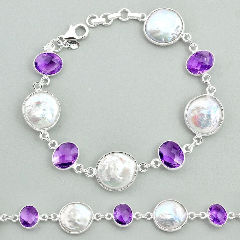 29.90cts tennis natural white pearl amethyst 925 sterling silver bracelet t37282