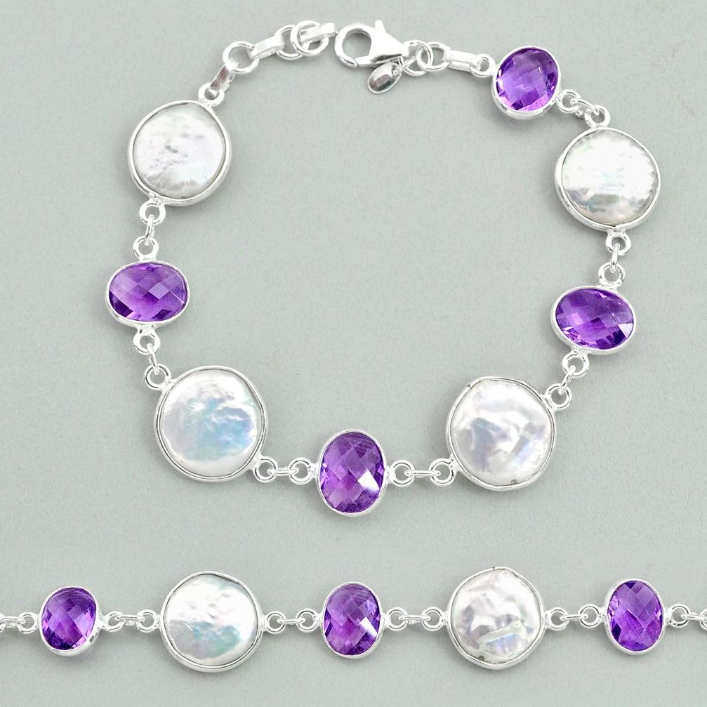29.34cts tennis natural white pearl amethyst 925 sterling silver bracelet t37283