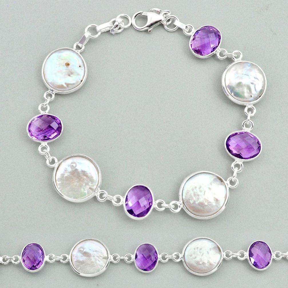 natural white pearl amethyst 925 sterling silver bracelet t37307