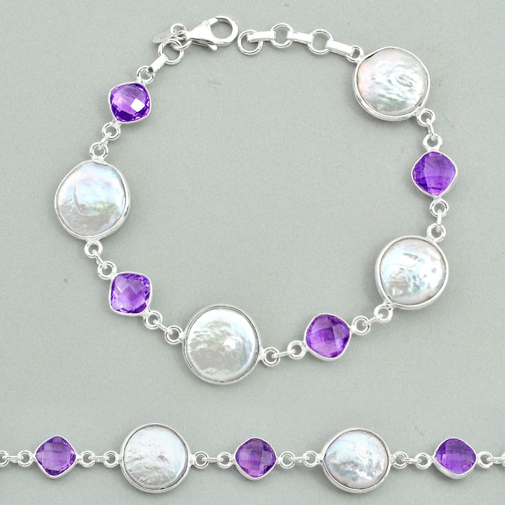 27.08cts tennis natural white pearl amethyst 925 sterling silver bracelet t37312