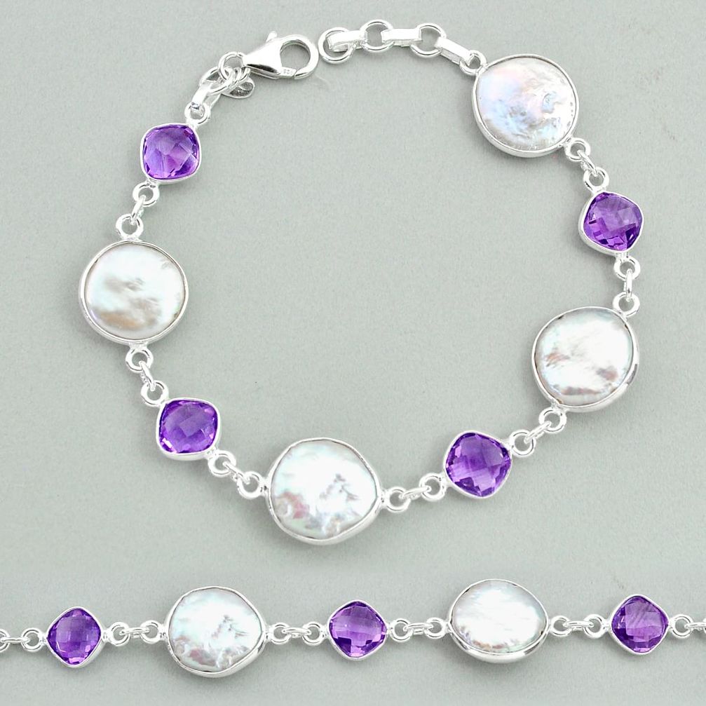 25.28cts tennis natural white pearl amethyst 925 sterling silver bracelet t37313