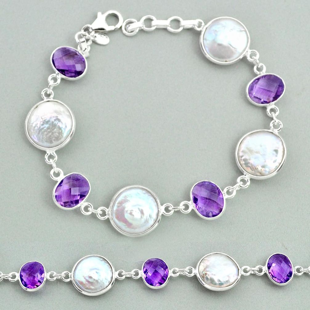 29.32cts tennis natural white pearl amethyst 925 sterling silver bracelet t37315