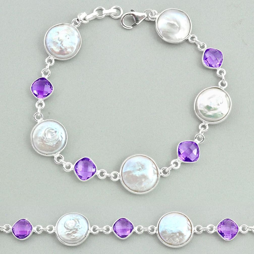 30.44cts tennis natural white pearl amethyst 925 sterling silver bracelet t37317