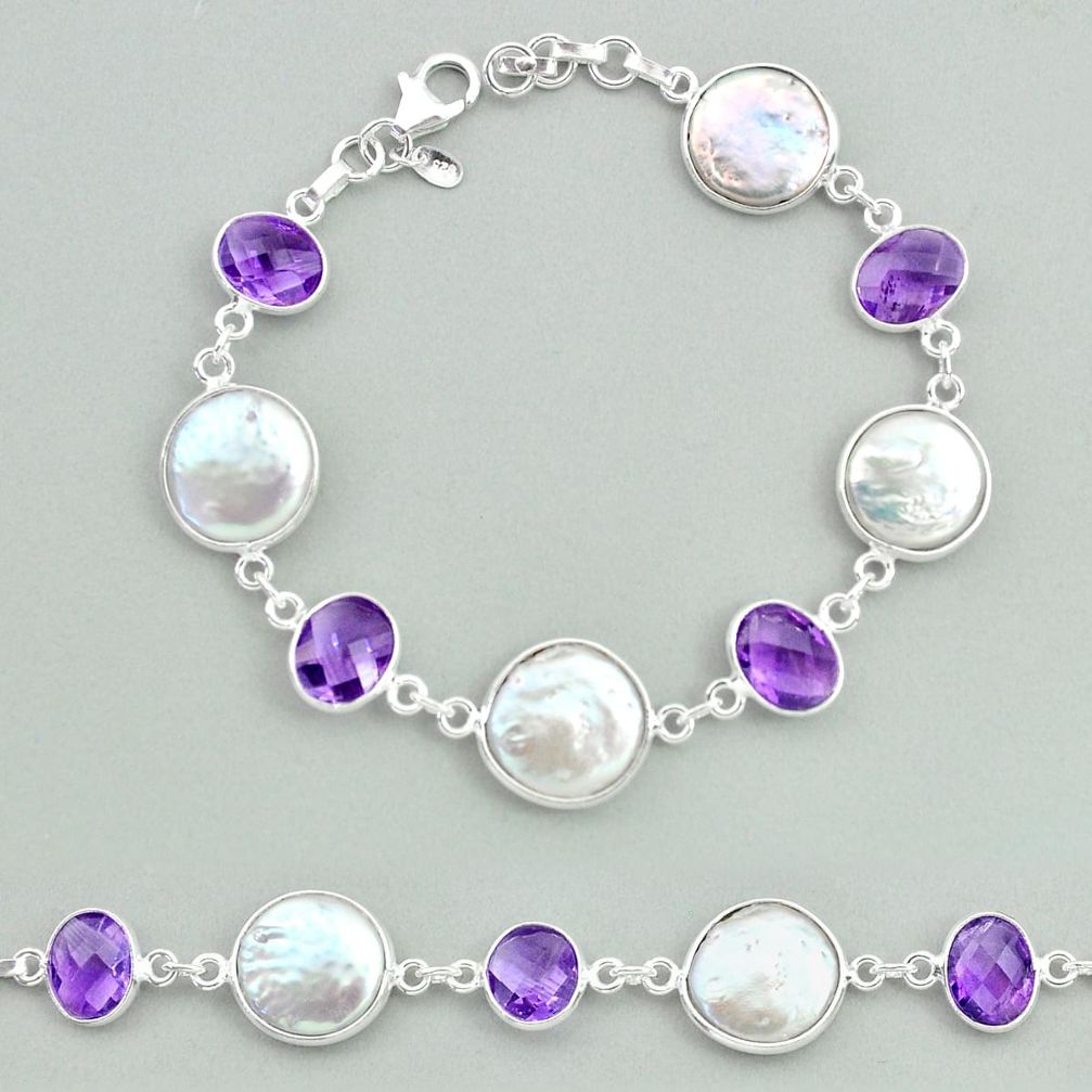 29.34cts tennis natural white pearl amethyst 925 sterling silver bracelet t37318