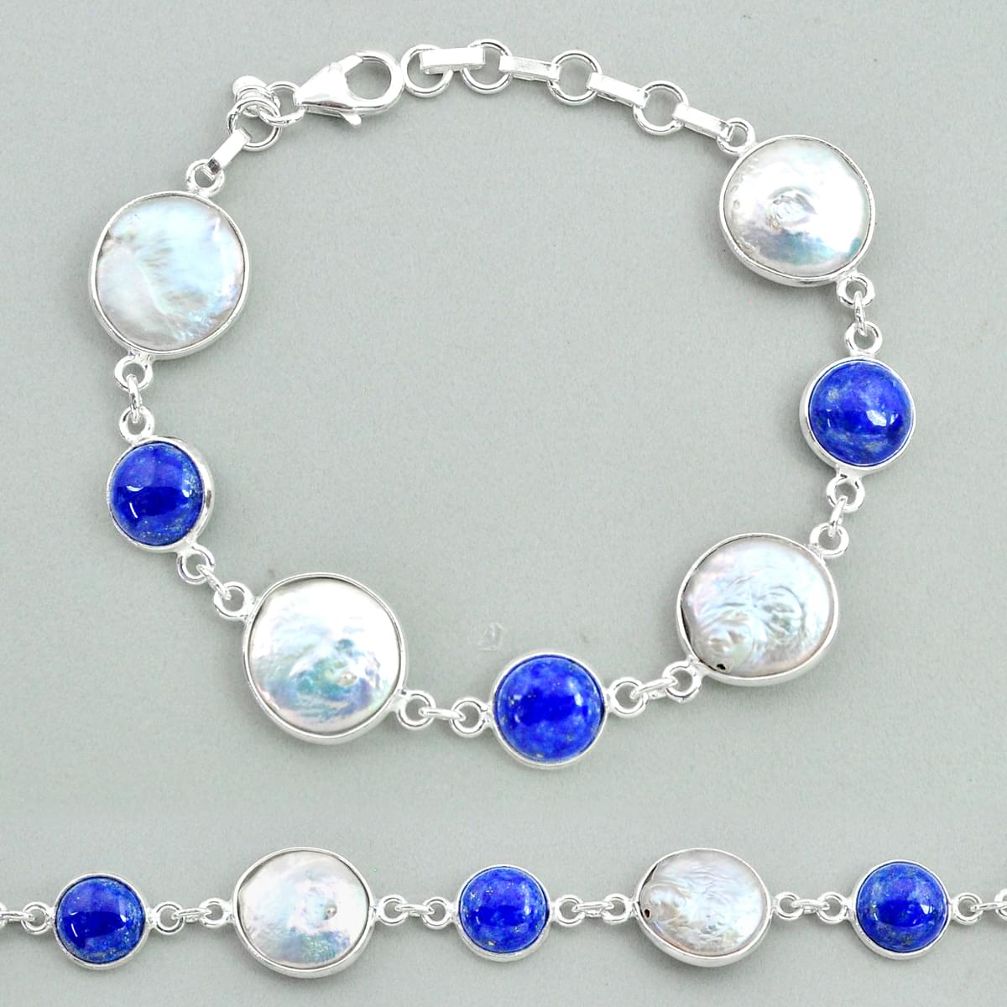 29.34cts tennis natural white pearl blue lapis lazuli 925 silver bracelet t37293