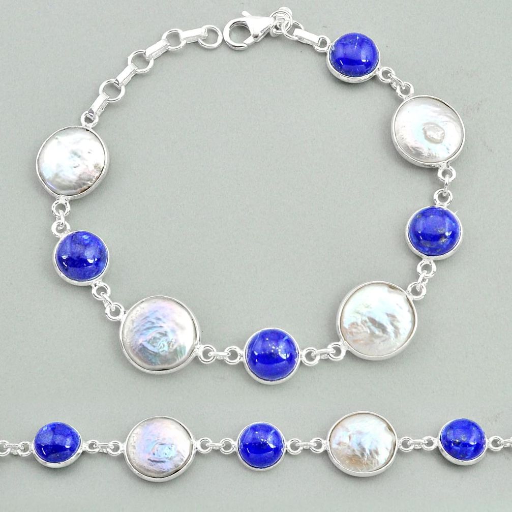 32.73cts tennis natural white pearl blue lapis lazuli 925 silver bracelet t37297