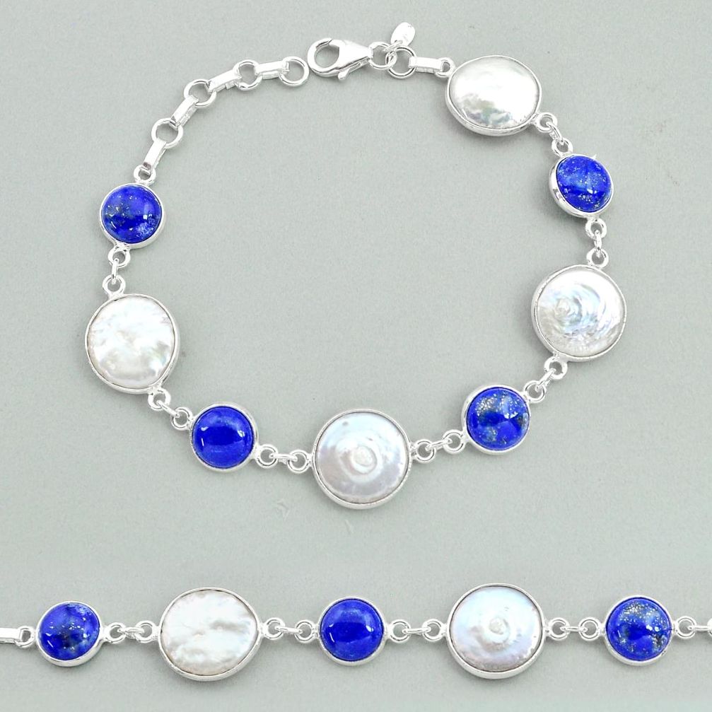 32.14cts tennis natural white pearl blue lapis lazuli 925 silver bracelet t37299