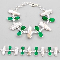 45.53cts tennis natural white pearl green chalcedony 925 silver bracelet n26936