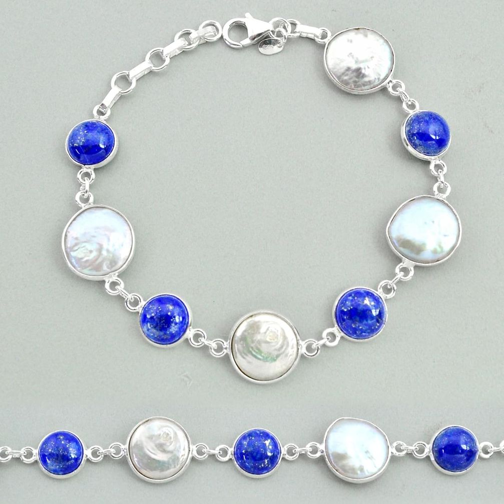 31.47cts tennis natural white pearl lapis lazuli 925 silver bracelet t37296